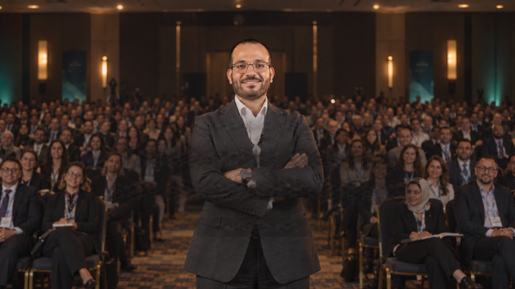 Mohammed Jawad, Founder Director of iLDE, standing before a full conference audience